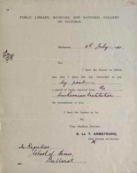 Letter to School of Mines Ballarat