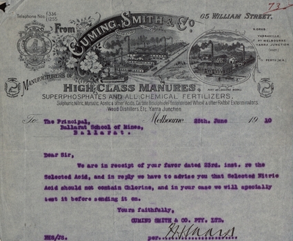 Letter from Cumming, Smith and Co. to School of Mines Ballarat