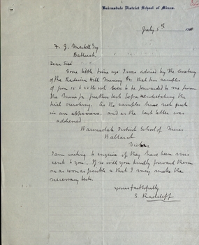 Letter from S. Radcliff  Bairnsdale District School of Mines to F. J Martell