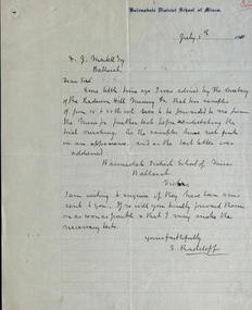 Letter from S. Radcliff  Bairnsdale District School of Mines to F. J Martell