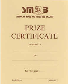 Certificate, Ballarat School of Mines Prize Certificate, c1980s