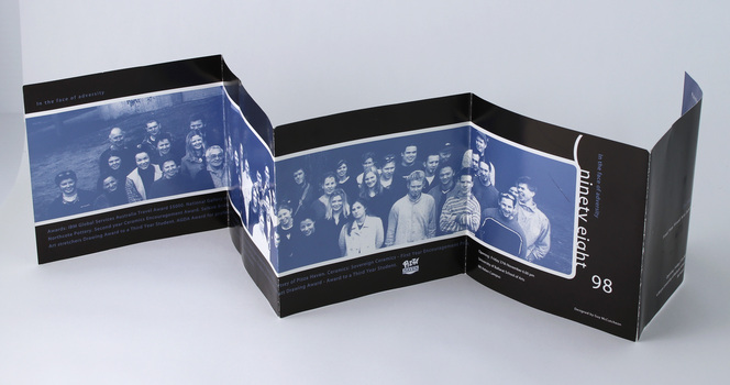 10 page concertina fold brochure, black and blue, showing third year students.