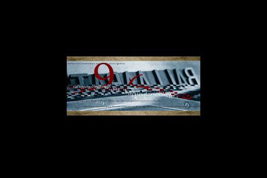 Captured still of introductory animation. Background image of hot metal type (reversed and flipped), with red, black and white text overlay