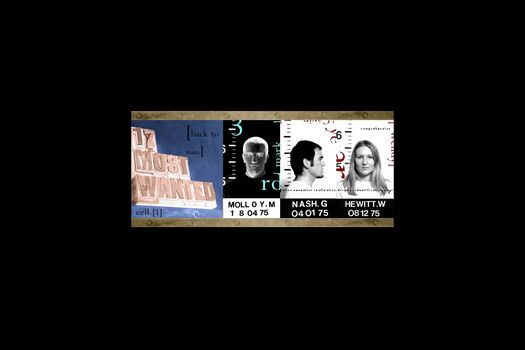 Hot metal type reads "17 Most Wanted". Three black and white student photographs appearing like police "mug shots". Names below. Images reverse when hovered over with mouse.