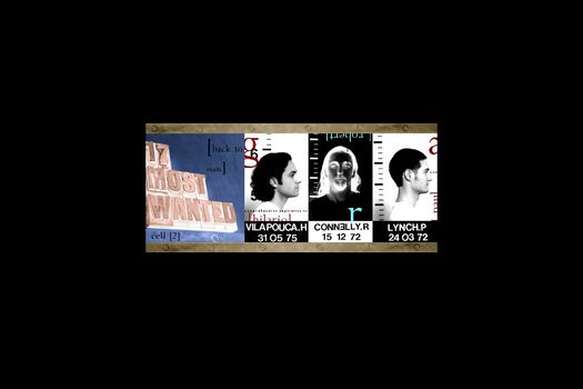 Hot metal type reads "17 Most Wanted". Three black and white student photographs appearing like police "mug shots". Names below. Images reverse when hovered over with mouse.