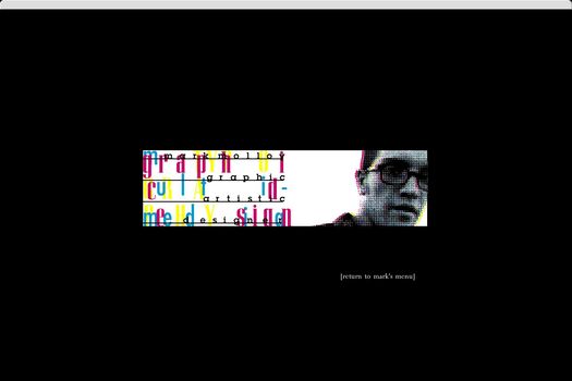 White landscape panel featuring deconstructed text in black, yellow, cyan and magenta alongside pixelated image of student, Mark Molloy.