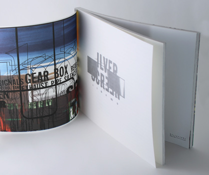 Perfect bound book, pages printed on satin coated in two colours (black and silver). 