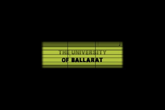 Captured still of introductory animation. Text "University of Ballarat" appearing on vintage back-lit cinema sign board.