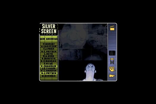 Main navigational menu, black background, list of students "now showing" in black on dark olive-coloured cinema board (left), blue-black duotone student photographs central, navigational icons on right include a clapper-board, director chair, megaphone.