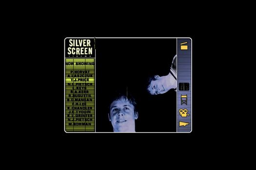 Main navigational menu, black background, list of students "now showing" in black on dark olive-coloured cinema board (left), blue-black duotone student photographs central, navigational icons on right include a clapper-board, director chair, megaphone.