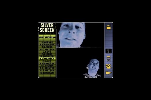 Main navigational menu, black background, list of students "now showing" in black on dark olive-coloured cinema board (left), blue-black duotone student photographs central, navigational icons on right include a clapper-board, director chair, megaphone.