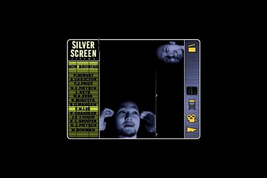 Main navigational menu, black background, list of students "now showing" in black on dark olive-coloured cinema board (left), blue-black duotone student photographs central, navigational icons on right include a clapper-board, director chair, megaphone.