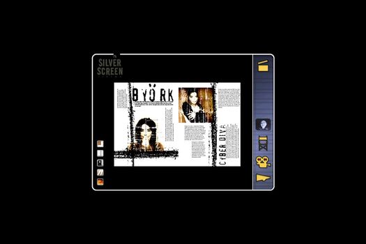Student work: Magazine double page spread featuring images of Bjork and distressed type and elements in multiple rotations. Student navigation page: black background, "Silver Screen" in dark grey top left. Small navigational icons link to student work, bottom left. Main navigation menu in black and yellow on blue background on right.