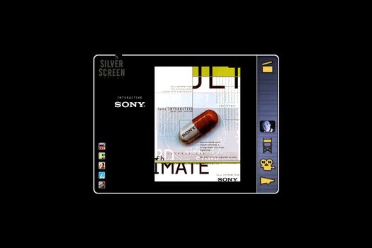 Student work: Poster for Sony interactive, featuring a red and white medicinal capsule and multilayered and rotated text panels. Student navigation page: black background, "Silver Screen" in dark grey top left. Small navigational icons link to student work, bottom left. Main navigation menu in black and yellow on blue background on right.