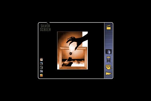 Student work by Felix Lee: Sepia coloured image of a hand holding a lit bulb, passing to another hand through an empty picture frame. Student navigation page: black background, "Silver Screen" in dark grey top left. Small navigational icons link to student work, bottom left. Main navigation menu in black and yellow on blue background on right.