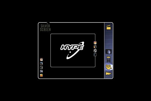 Student work by Felix Lee: Logo for "Hype", futuristic letterforms, disc-style swoosh and dot, white on black. Student navigation page: black background, "Silver Screen" in dark grey top left. Small navigational icons link to student work, bottom left. Main navigation menu in black and yellow on blue background on right.