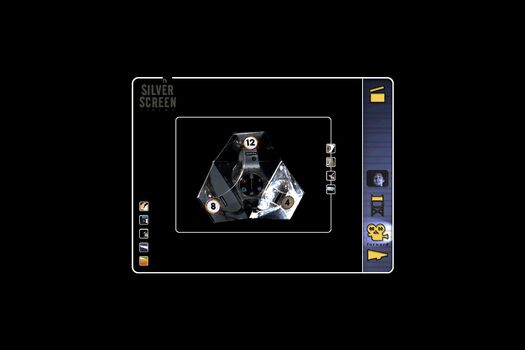Student work by Felix Lee: tri-fold clear acetate watch packaging, featuring numbers 4, 8 and 12. Student navigation page: black background, "Silver Screen" in dark grey top left. Small navigational icons link to student work, bottom left. Main navigation menu in black and yellow on blue background on right.