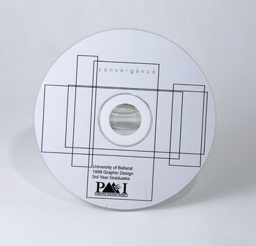 CD Rom featuring work of third year Graphic Design graduates, 1998. Printed two colour, black and white, on silver disc, in metallic silver plastic sleeve with one colour print (white).