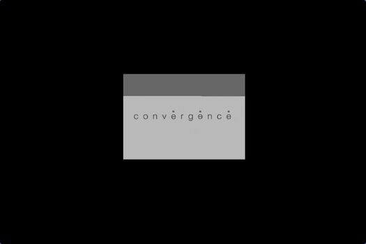 Still image of animated sequence, word "convergence" in all lowercase sans-serif font. Small circles over each "e", second e is flipped. Type is dark grey on a light grey panel, black overall background.