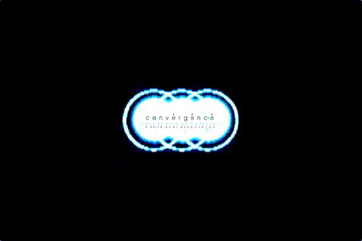 Three white circles with concentric rings have "converged" to house the word "convergence" in black, with small text "University of Ballarat" and "a third year production". Black background. 