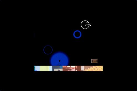 Screen capture of navigational landing page. Interactive moving elements include an animated strip of images at base, floating blue circles on a black background and a series of small concentric rectangles as menu items. "Index" is identified by rolling over and highlighting a thin white circle.