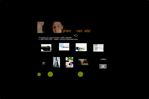 Black background, close-ups of student face overlaid with student name in orange, thumbnails of student works, floating circles, navigational items. Contact details blurred for privacy.