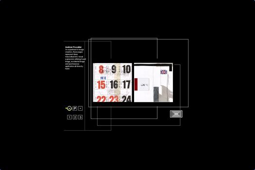 Example of student work: two square format pages, white with red black and blue linework and lettering, calendar style and union jack flag. Student work framed by white navigational items on black background.