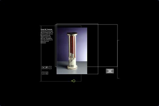Student work: cylindrical metallic packaging with deep red, white and silver applied graphics. Student work framed by white navigational items on black background.