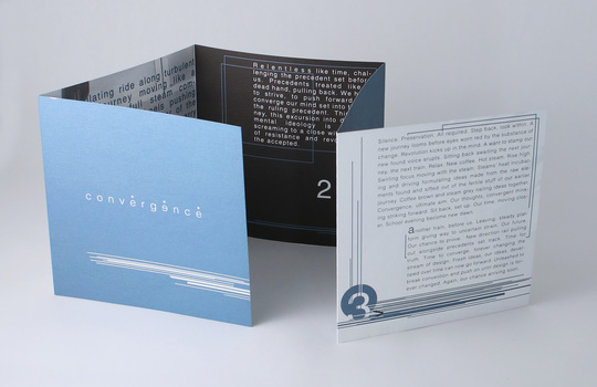 Ten page roll-fold brochure, printed in two colours (black and a metallic silver-blue).