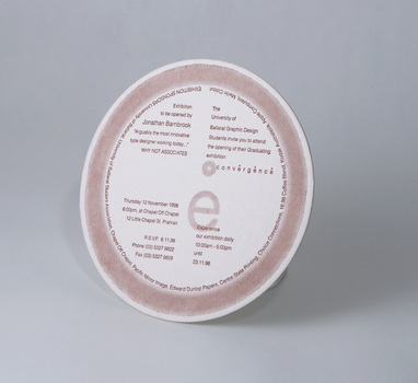 Circular coaster printed single colour offset, brown ink, featuring a stylised "coffee stain" and text.