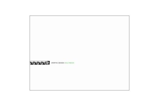 Series of small, black and white photographic thumbnails in horizontal order, with text "Graphic Design/Multimedia" in black and green.