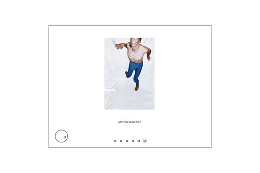 Screen capture of student work by Paul Mah: “Are you beautiful?” poster image of shirtless young man with plastic cling wrap over face, arching body over white fabric. Work displayed on white background with thin black navigational elements.
