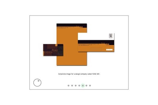Screen capture of student work by Leon Dwyer: Corporate identity for “Edge 99”, burnt orange, brown and white examples of business card, letterhead and 'with compliments' DL. Work displayed on white background with thin black navigational elements.