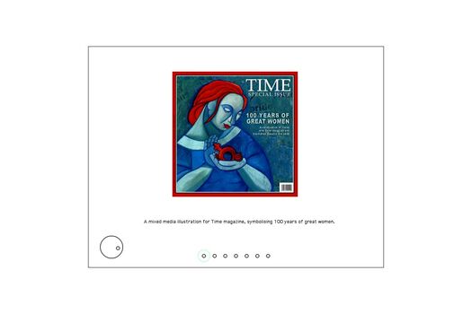 Screen capture of student work: square format "Special Edition of TIME magazine" 100 years of great women. Blue and red mixed media illustration of woman holding female symbol like a mall bird.