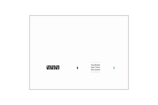 Screen capture, rolling list of credits between left and right arrows. Black and grass green on white background. Small series black and white photographs of students.