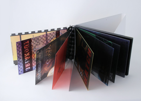 Portrait spiral bound book, pages are four colour process offset printed onto transparent acetate, white card back and fold to read each page.