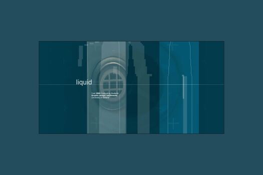 Still from introductory animation, white lines, various shades of deep, dark teal panels over image of sink/plug hole. Word "liquid" in lower case white.