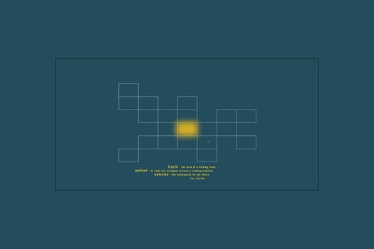 Dark teal background. White line rectangles resemble periodic table of elements. Yellow glow in centre. Yellow type.