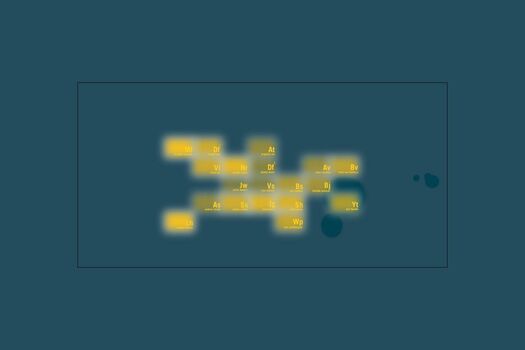 Dark teal background. White line rectangles resemble periodic table of elements, student initials appear like elements. Various tints of yellow glow in centre of each rectangle. Yellow type. Darker teal 'splodges' in background.