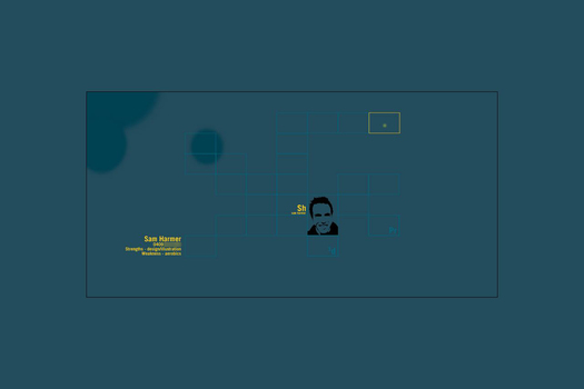 Dark teal background. Lighter teal line rectangles resemble periodic table of elements. Student initials highlighted in yellow. Black and white solid image of student appears across two rectangles. Student details appear bottom left (phone number blurred for privacy).