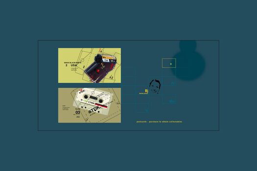 Student work: two postcards, one features Kodak film, the other TDK audio cassette tape overlaid with black packaging graphics and text. Displayed within navigation page with teal background, navigational elements, student photo, yellow initials, name and descriptive text