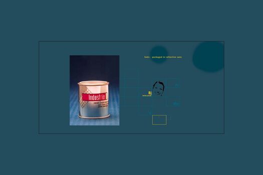 Student work: "Fonts packaged in reflective cans". Small metal tin with applied graphics in red and black, reading "Industria". Displayed within navigation page with teal background, navigational elements, student photo, yellow initials, name and descriptive text