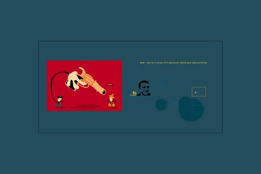 Student work: cartoon-style illustration of two cowboys, one holding an oversized hand gun. Displayed within navigation page with teal background, navigational elements, student photo, yellow initials and name.