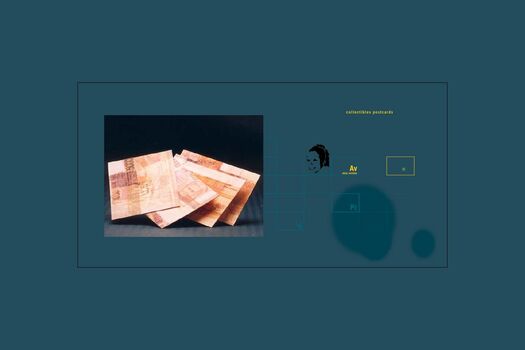 Student work: Collectibles postcard series, overlaid graphics in shades of sepia. Displayed within navigation page with teal background, navigational elements, student photo, yellow initials and name.