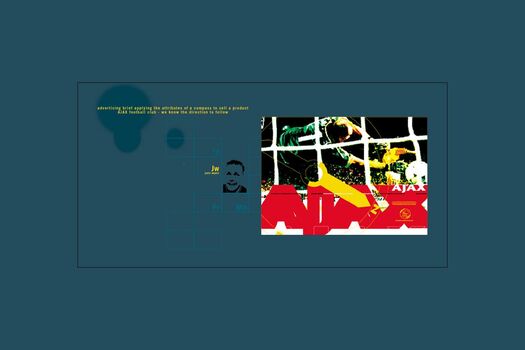 Student work: "Ajax Football Club" advertisement, highly saturated image of diving goal-keeper with bold red text and yellow compass graphics. Displayed within navigation page with teal background, navigational elements, student photo, yellow initials, name and descriptive text.