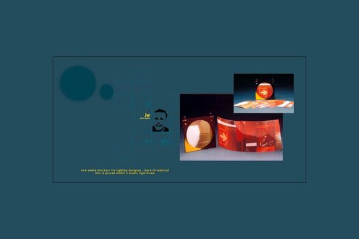 Student work: packaging for new media brochure for lighting designer. Backlit material features traffic light images and symbols. Displayed within navigation page with teal background, navigational elements, student photo, yellow initials, name and descriptive text.