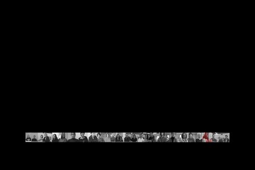Black background, single row of small, black and white student images. Each student is an active link, highlighted with colour on cursor roll-over.