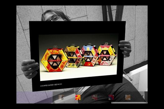 Black and white photograph of student, viewed from below holding a coloured presentation card of their work: four hexagonal seed packets