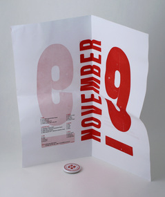 Two colour (red and black), two-sided folded poster, magnet originally attached within. (probably with double sided tape).  Magnet consists of a 'badge' style front, made with faculty badge maker, and magnet attached to reverse.