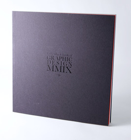 Square format publication, black textured card cover with black debossed text.